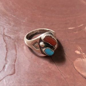New Mexico turquoise coral silver ring
